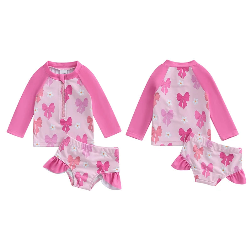 Baby Toddler Girls 2Pcs Summer Swimsuit Set Flower Bow Print Zip-up Rash Guard Long Sleeve Swim Top and Shorts Bathing Suit