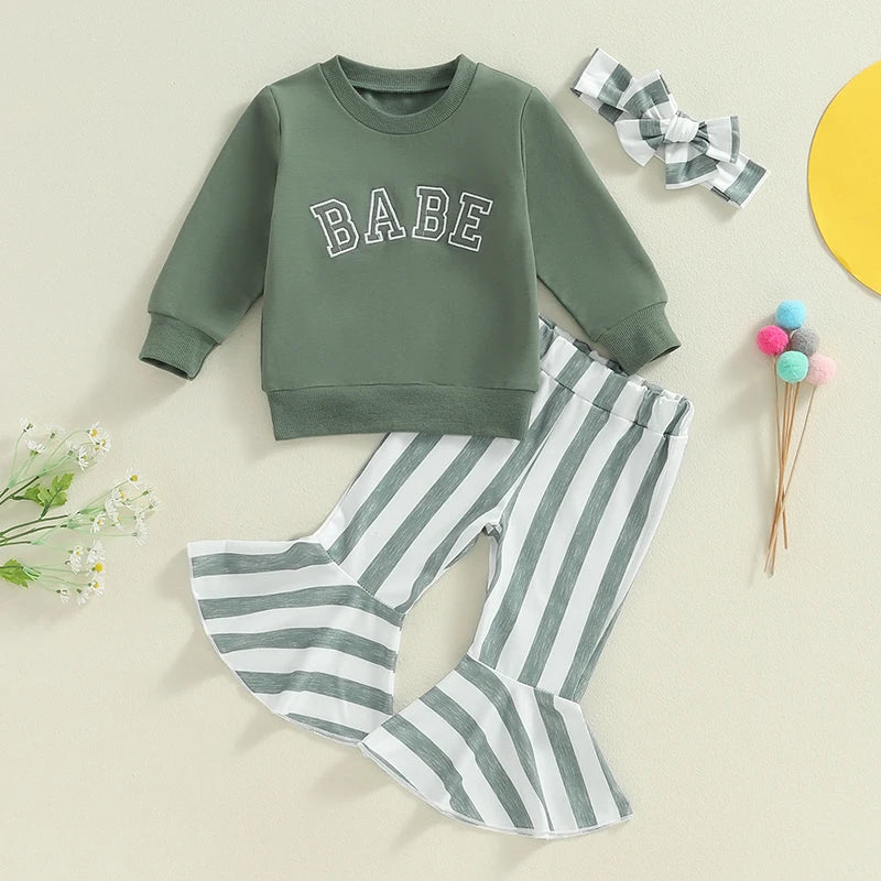 Baby Toddler Girls 3Pcs Set BABE Letter Embroidered Long Sleeve O-Neck Top Striped Print Flare Pants Hairband Outfit