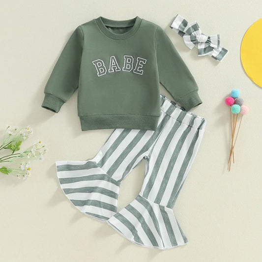 Baby Toddler Girls 3Pcs Set BABE Letter Embroidered Long Sleeve O-Neck Top Striped Print Flare Pants Hairband Outfit