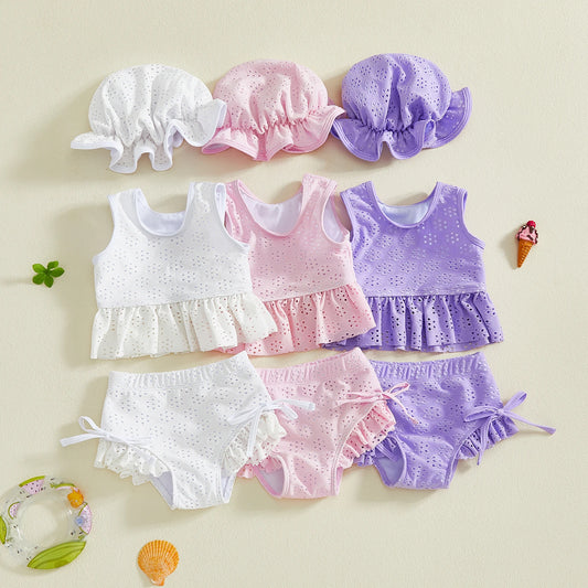 Baby Toddler Girls 3Pcs Swimsuit Set Sleeveless Crew Neck Solid Embroidery Top Bikini Bottoms and Hat Swimwear