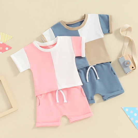 Toddler Baby Girl Boy 2Pcs Spring Summer Outfits Contrast Color Short Sleeve Top Shorts Set