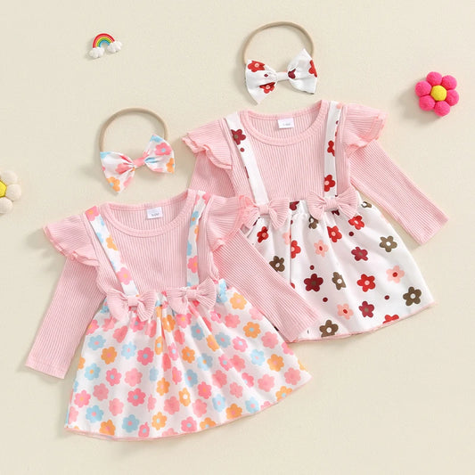 Baby Girls 2Pcs Romper Dress Flower Print Long Sleeve Skirt Overalls Jumpsuit Fall Bodysuits with Headband Set