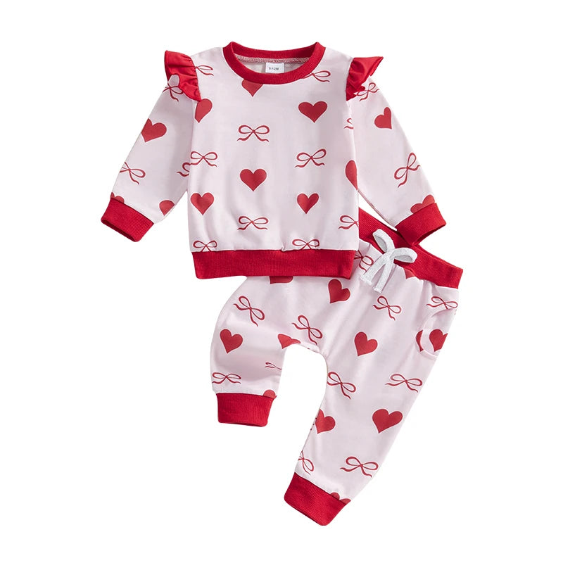 Baby Toddler Girls 2Pcs Valentine's Day Outfit Bow Heart Print Ruffle Long Sleeve Top and Elastic Jogger Pants Valentines Set