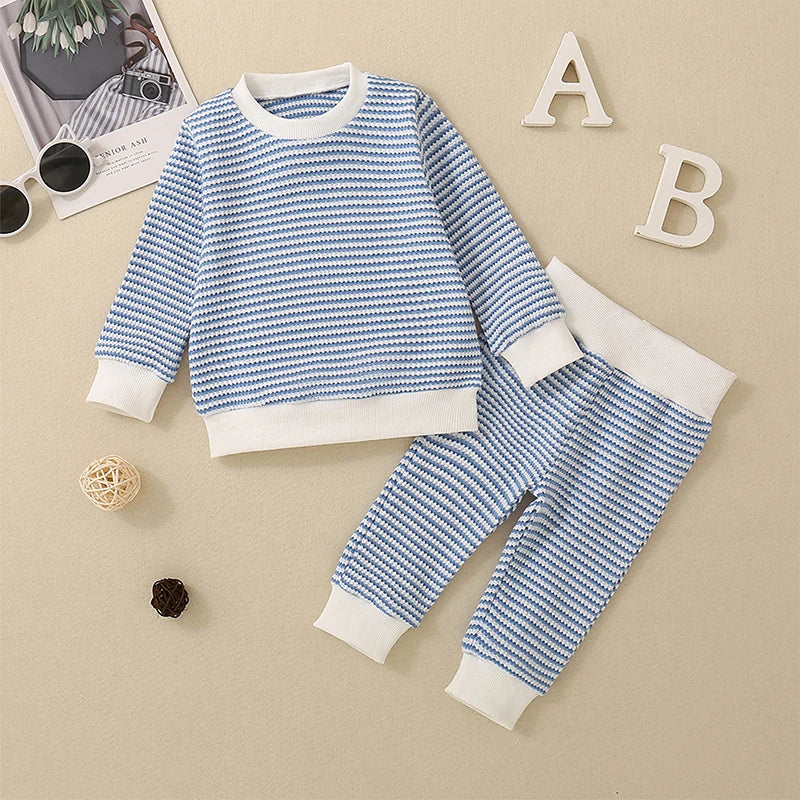 Baby Toddler Boys 2Pcs Fall Outfit Waffle Stripe Long Sleeve Top and Long Pants Set