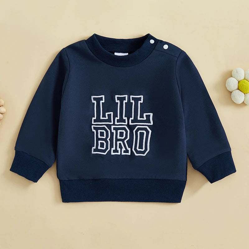 Baby Toddler Boys Girls Lil Sis/ Bro Long Sleeve Crewneck Top Words Letters Embroidered Sister Brother