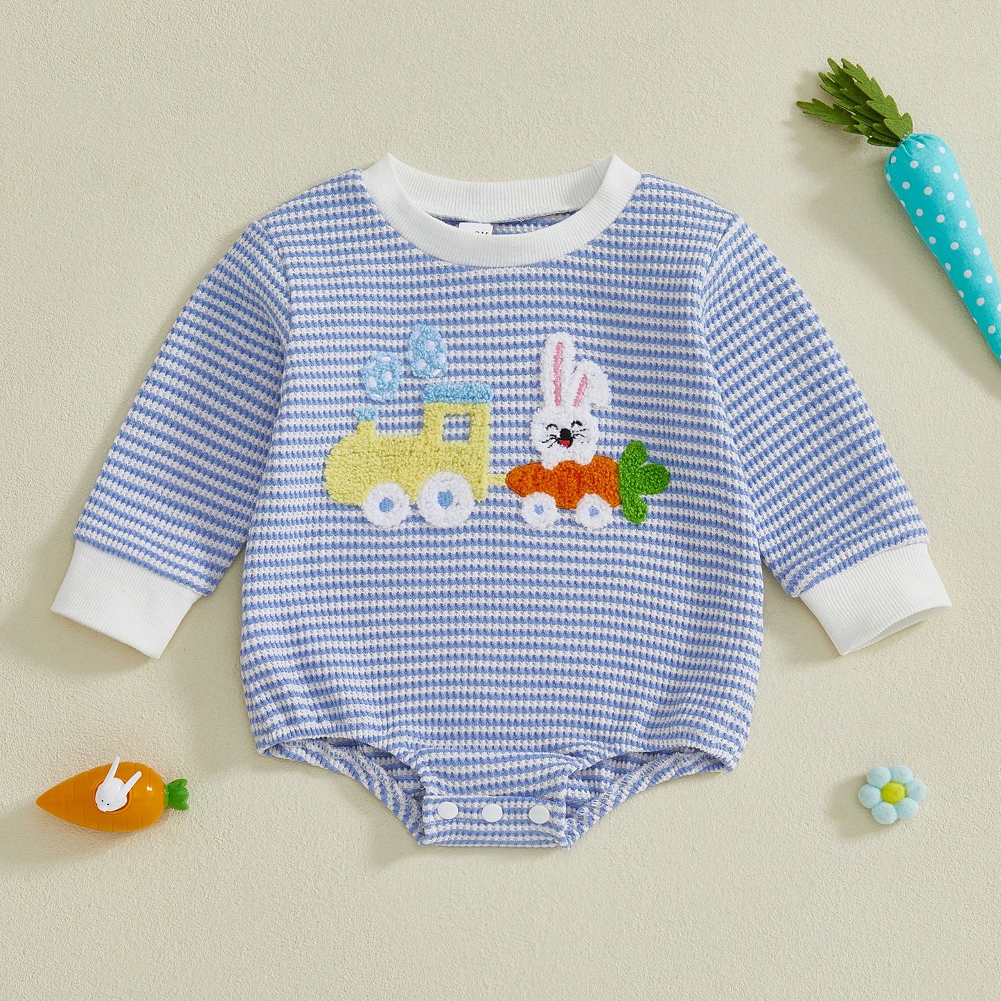 Baby Boy Easter Romper Striped Train Carrot Bunny Embroidered Long Sleeve Jumpsuit Casual Spring Clothes