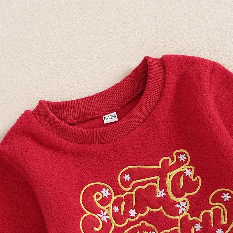 Baby Toddler Kids Girls Boys Christmas Fleece Top Santa Baby Letter Embroidery Crew Neck Long Sleeve Pullover Top