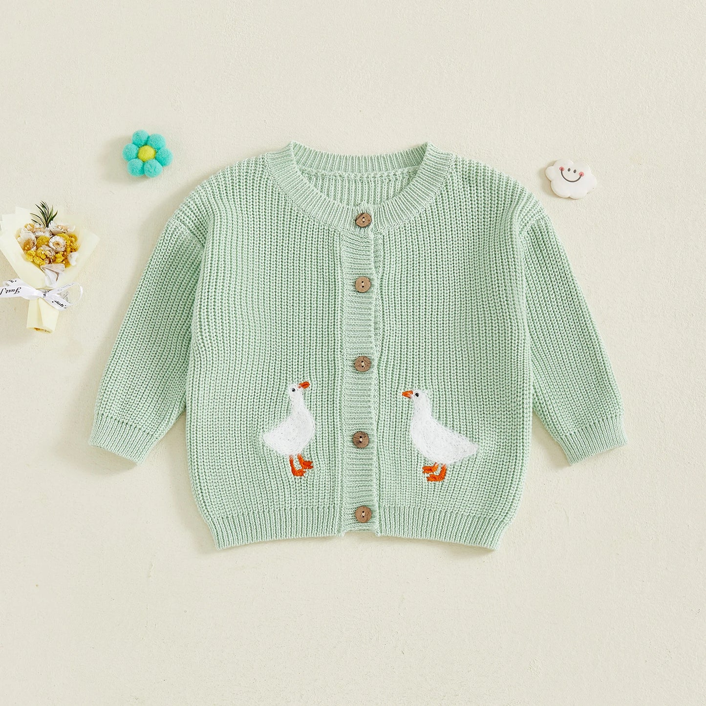 Toddler Kids Girl Knit Sweater Long Sleeve Round Neck Goose Embroidery Button Down Cardigan Tops