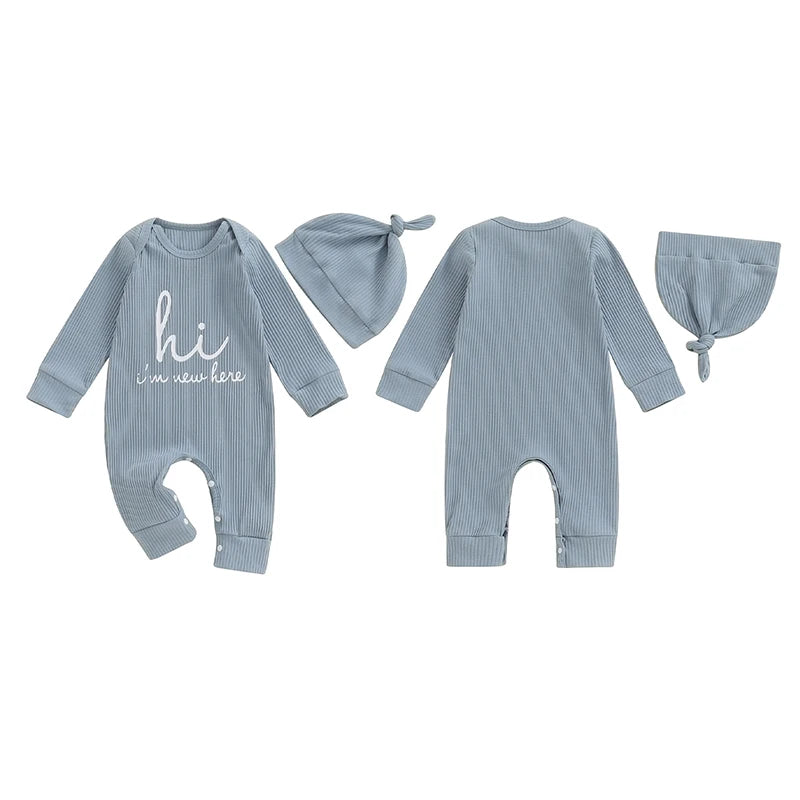 Baby Boys Girls 2Pcs Hi I'm New Here Romper Letter Print Long Sleeve Crew Neck Jumpsuit Bodysuit with Hat Set