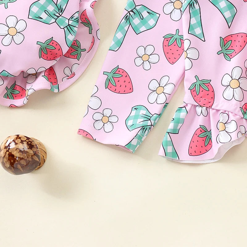 Baby Toddler Girls 2Pcs Rash Guard Swimsuit with Hat Bow Floral Print Zip Up Long Sleeve Crew Neck Swimwear Bathing Suit Set