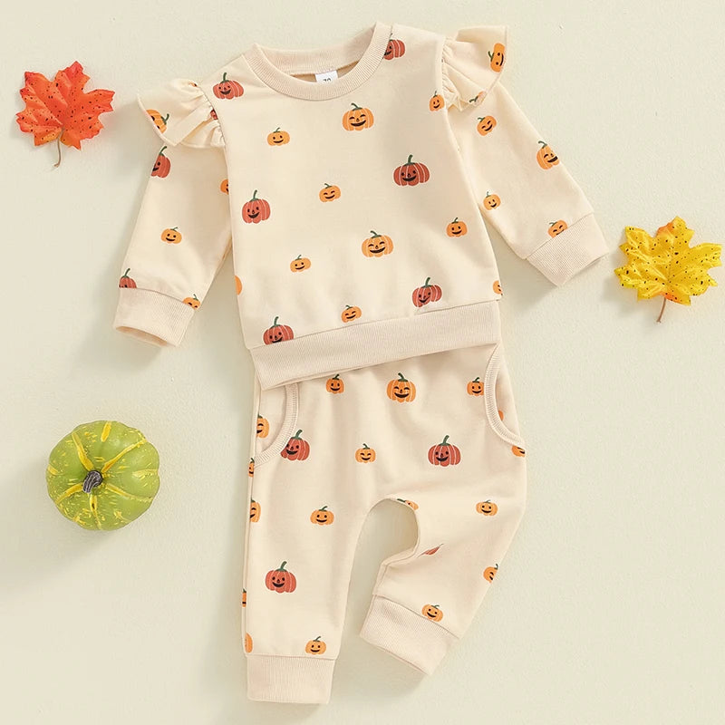 Baby Toddler Girls 2Pcs Fall Halloween Outfit Pumpkin Print Long Sleeve Frilly Shoulder O-Neck Pullover with Elastic Waist Pants Set