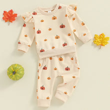 Load image into Gallery viewer, Baby Toddler Girls 2Pcs Fall Halloween Outfit Pumpkin Print Long Sleeve Frilly Shoulder O-Neck Pullover with Elastic Waist Pants Set
