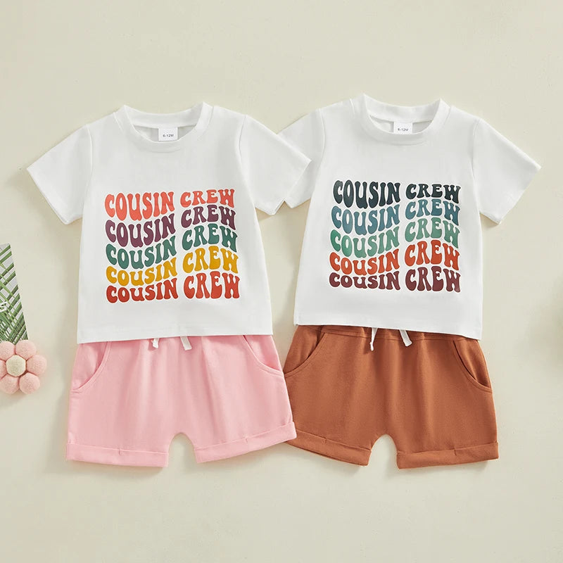 Toddler Baby Girl Boy 2Pcs Cousin Crew Summer Outfits O-Neck Short Sleeve Letter Print Top + Elastic Waist Shorts Set Matching Family Cousins