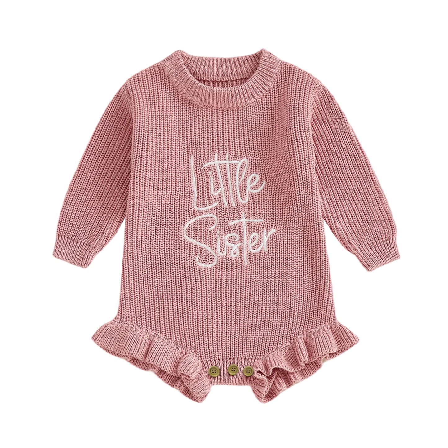 Baby Girl Sweater Romper Little Sister Long Sleeve Round Neck Letter Embroidery Knit Bodysuit