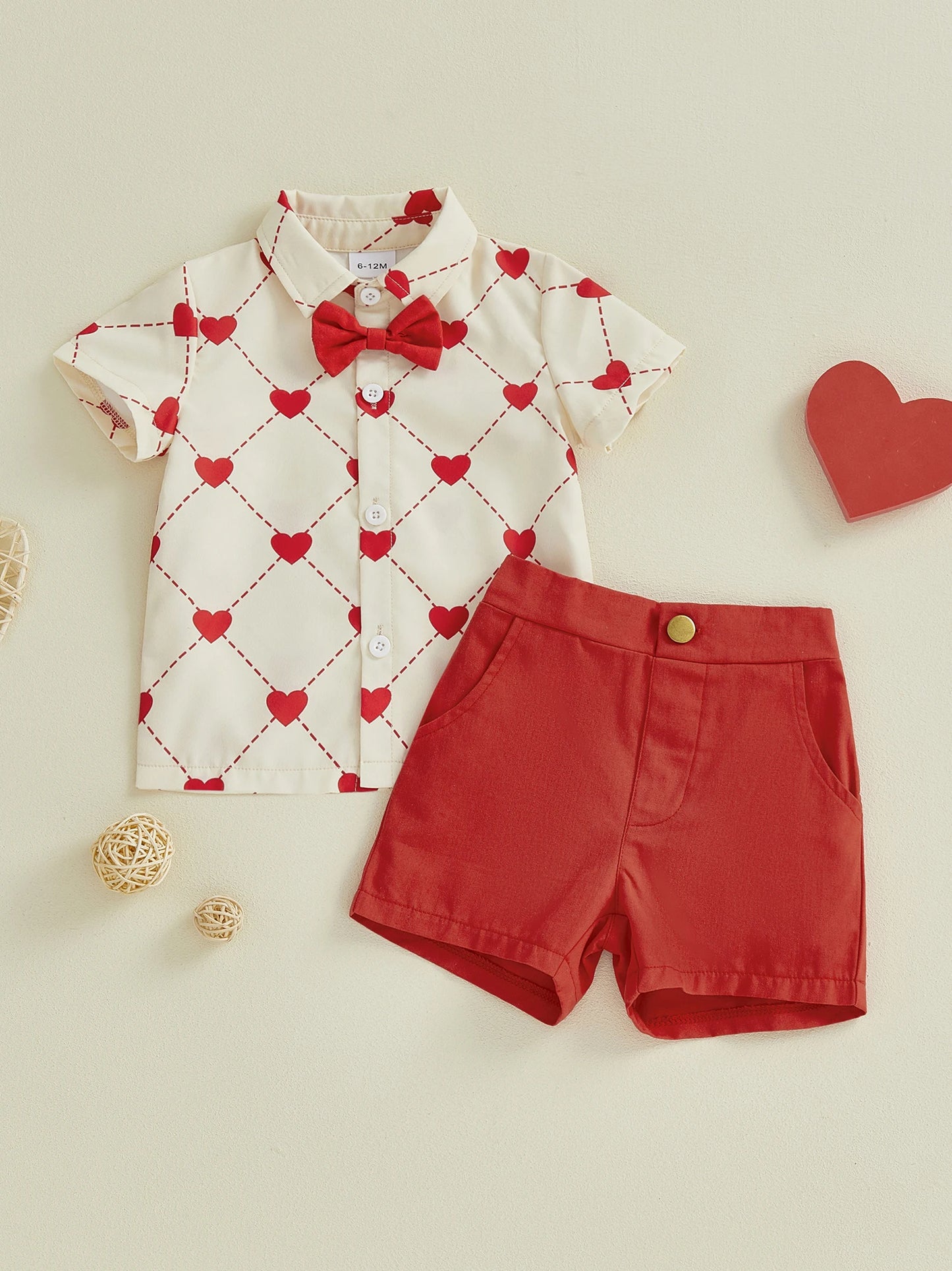 Baby Toddler Boys 2Pcs Valentine's Day Outfit Heart Short Sleeve Bowtie Shirt and Solid Shorts 2 Piece Set
