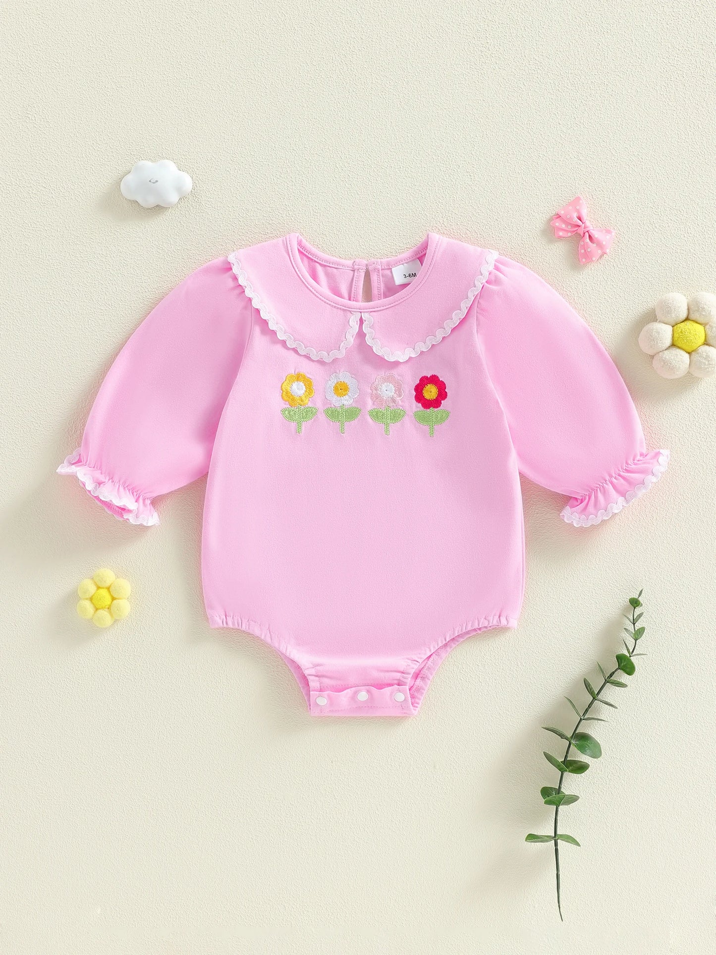 Baby Girls Spring Romper Fashionable Strawberry Flower Embroidery Long Sleeve Ruffled Doll Collar Jumpsuit
