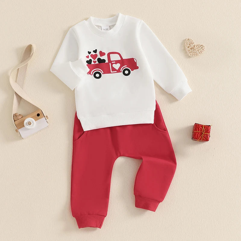 Baby Toddler Boys Girls 2Pcs Valentine's Day Outfit Heart Truck / Infinity You Me / Candy Hearts Print Crew Neck Long Sleeve Top Long Pants Valentines Jogger Set