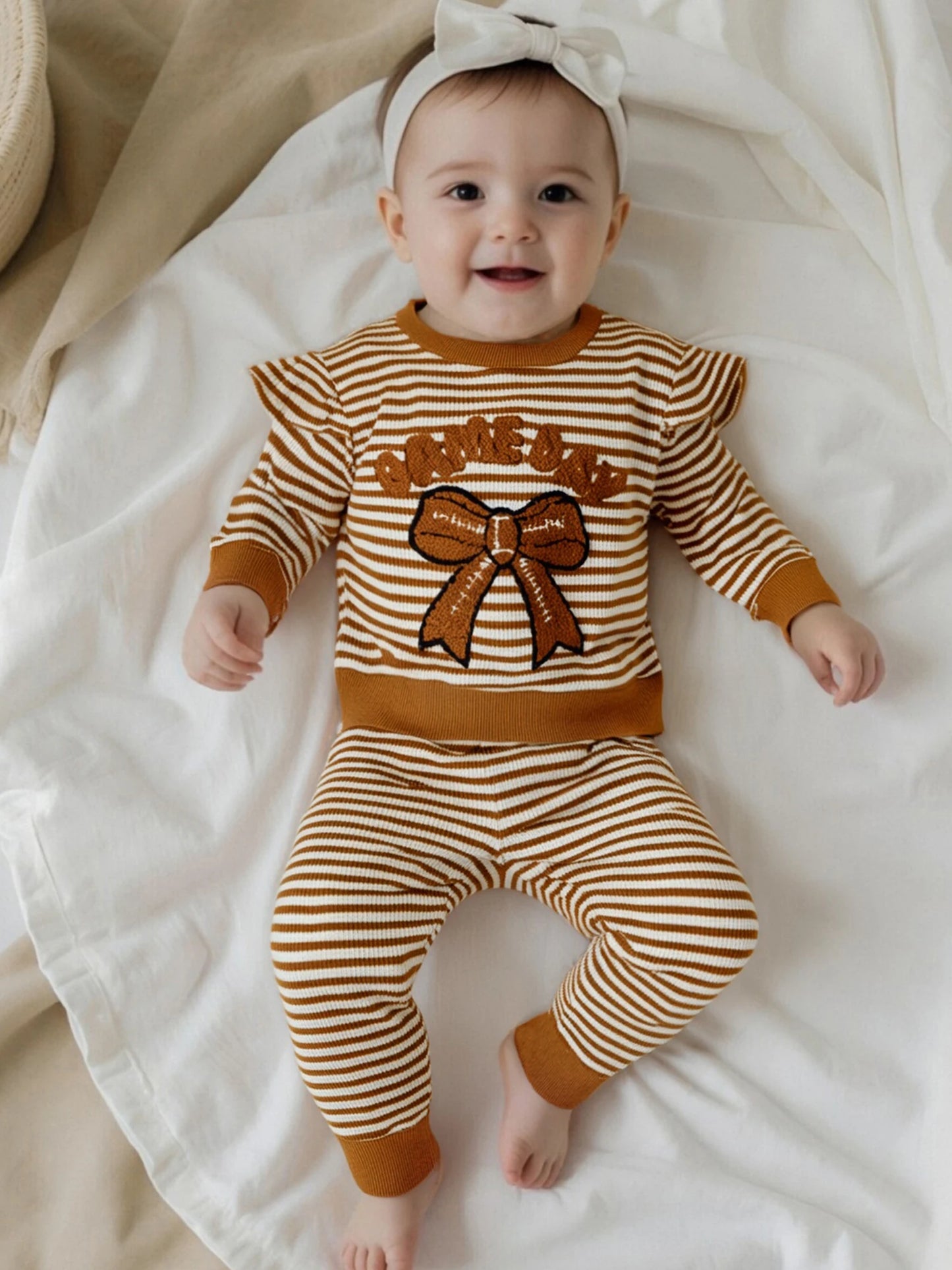 Baby Toddler Girls 2Pcs Game Day Fall Outfits Letter Bow Embroidered Striped Crew Neck Long Sleeve Top with Jogger Pants 2Pcs Set