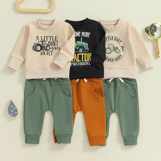 Baby Toddler Boys 2Pcs A Little Dirt Never Hurt/ Just One More Tractor I Promise Fall Outfit Letter Tractor Print Long Sleeve Top and Long Pants Set