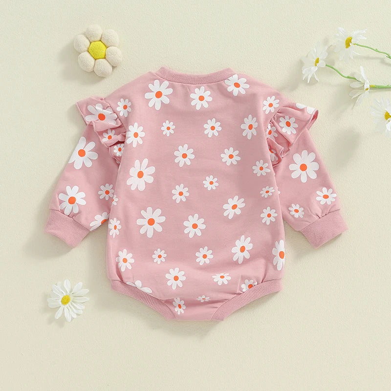 Baby Girl Bubble Romper Flower Daisy Print Round Neck Long Sleeve Jumpsuit