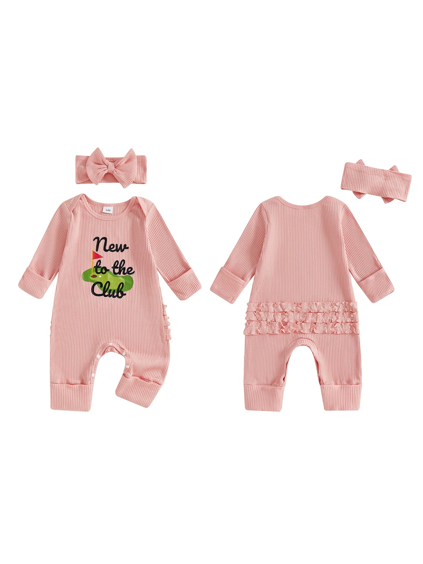 Baby Girl 2Pcs Fall Outfit Golf Goose Bee Print New to the Hive / Club Long Sleeve Ribbed Romper with Bow Headband 2Piece Set