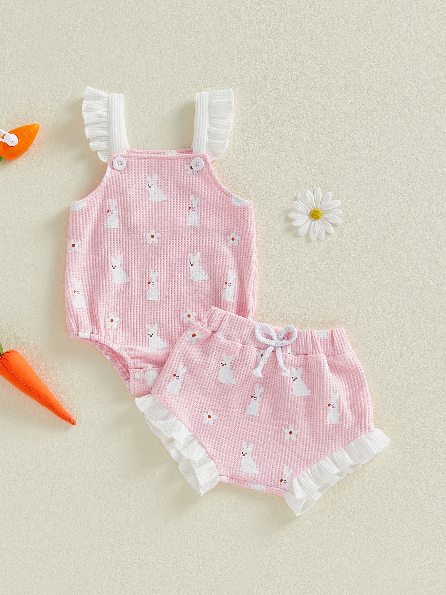 Baby Girl 2Pcs Easter Outfit Square Neck Ruffle Sleeveless Bunny Floral Print Romper Elastic Waist Bloomer Shorts Set