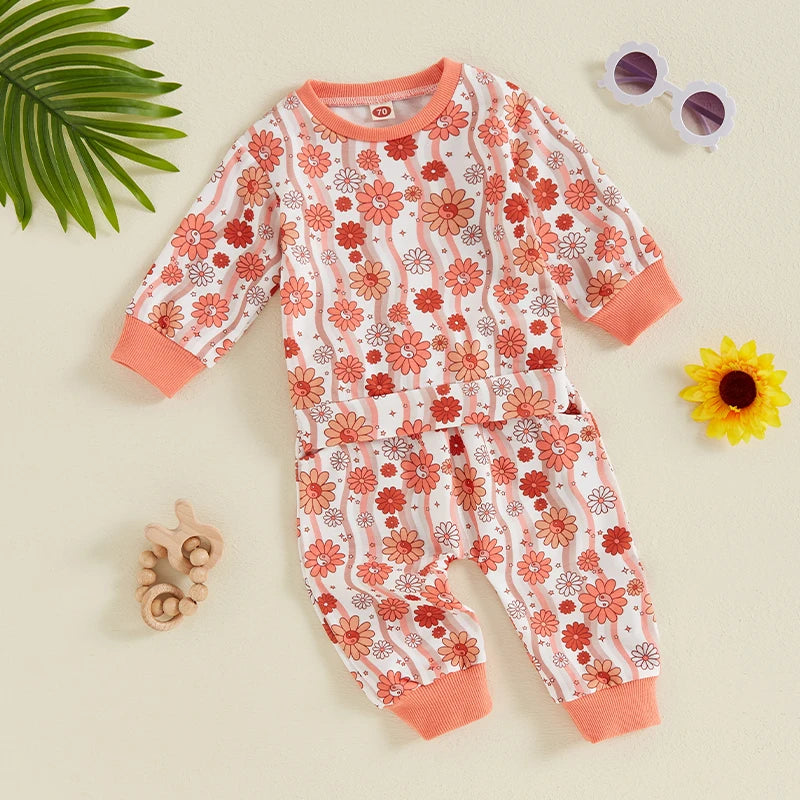 Baby Toddler Girls 2Pcs Long Sleeve O Neck Floral Flower Print Top Drawstring Pants Outfit Set