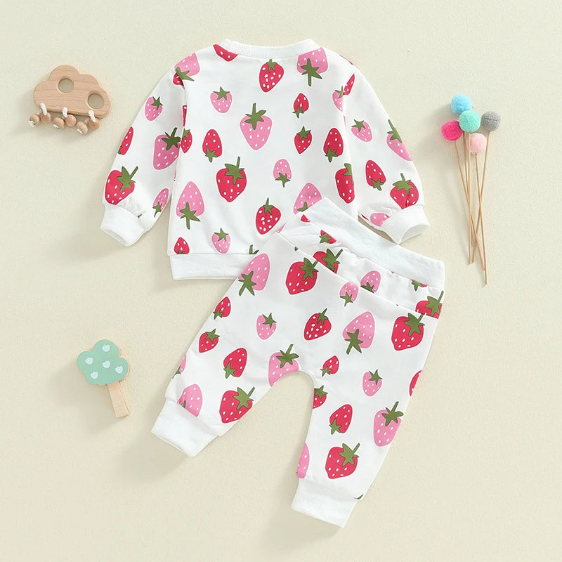 Baby Toddler Girls 2Pcs Outfit Strawberry Print Long Sleeve Crew Neck Top with Elastic Waist Pants Fall Set