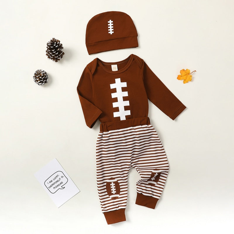 Baby Boy Girl 3Pcs Football Outfit Long Sleeve Romper Stripe Elastic Pants Hat Clothes Set
