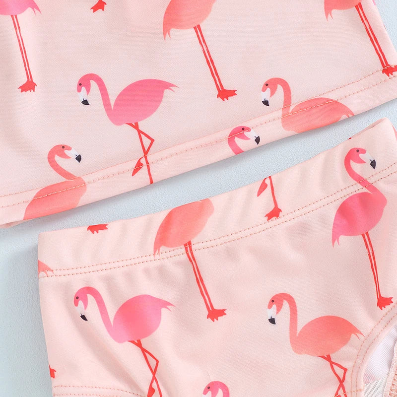 Baby Toddler Girls 2Pcs Two Piece Swimsuits Long Sleeve Seashell/Bird Flamingo Print Bathing Suit Summer Swimwear