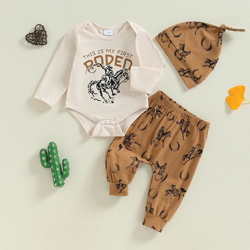 Baby Boys 3Pcs This is My First Rodeo Outfit Long Sleeve Letter Print Romper Horse Print Pants Hat Set