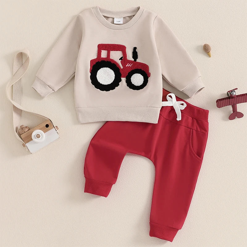 Baby Toddler Boys 2Pcs OutfitTractor Embroidery Long Sleeve Crewneck Top with Solid Long Pants Jogger Set