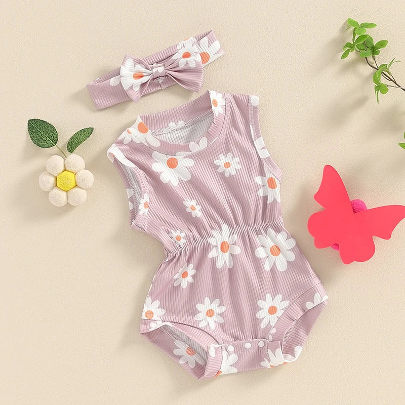 Baby Girls 2Pcs Rompers Daisy Print Round Neck Sleeveless Tank Top Bodysuit Summer Clothes with Headband