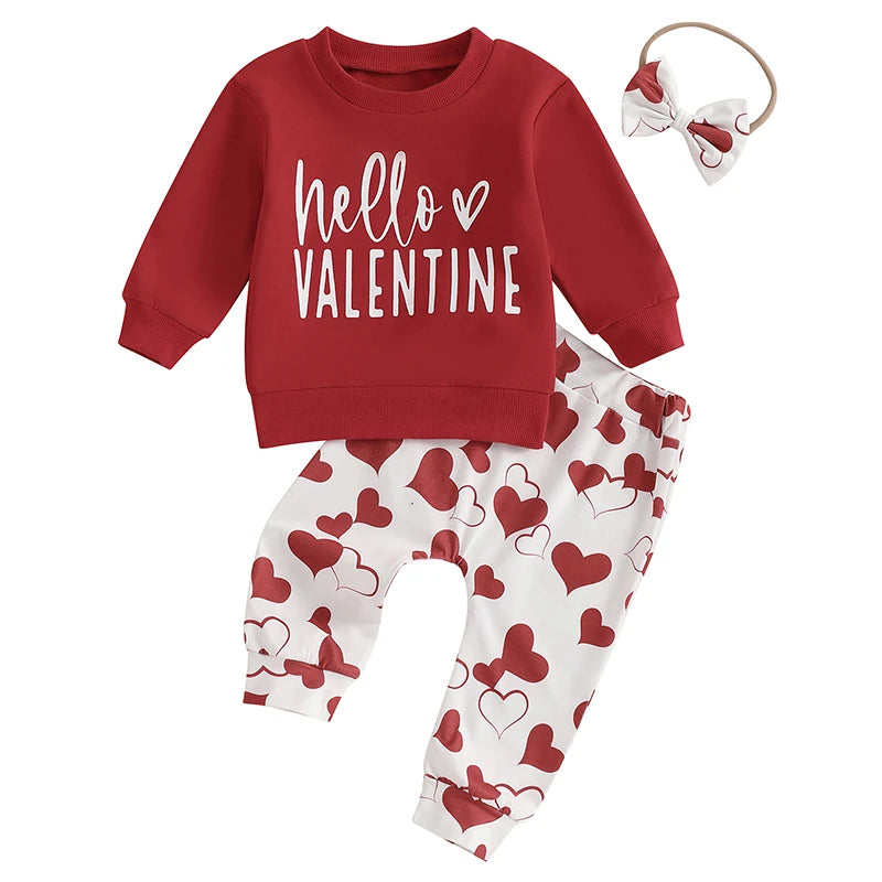 Baby Toddler Girls 3Pcs Valentine's Day Outfit Hello Valentine Letter Print Crew Neck Long Sleeve Top Heart Print Long Jogger Pants Headband Bow Valentines Set