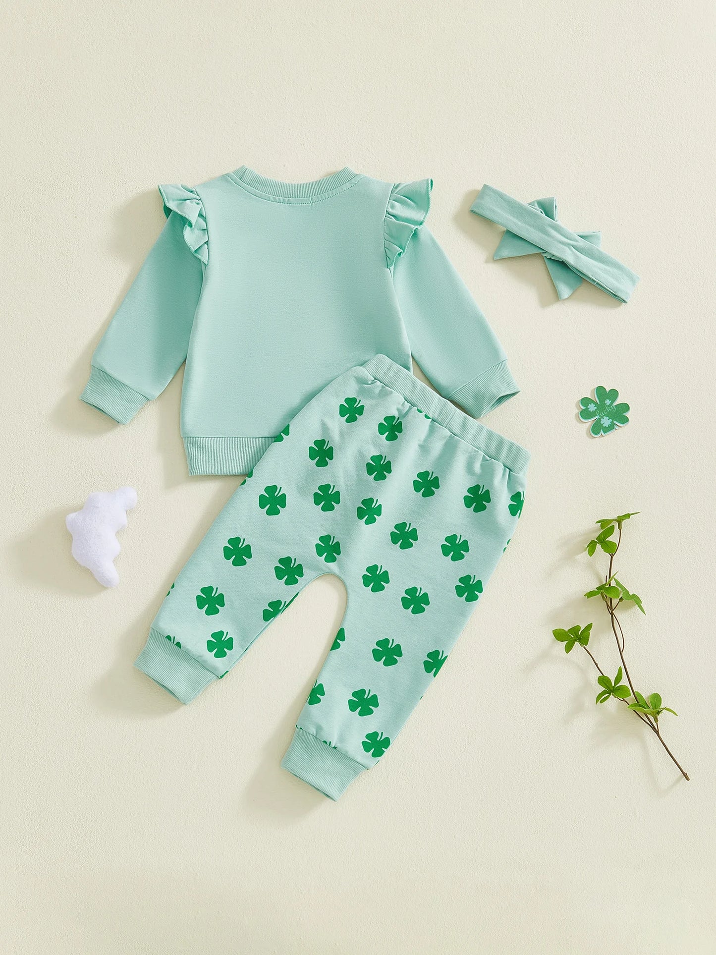 Baby Toddler Girls 3Pcs Lucky Charm Shamrock Print Long Sleeve Top with Pants Headband Clothing Set