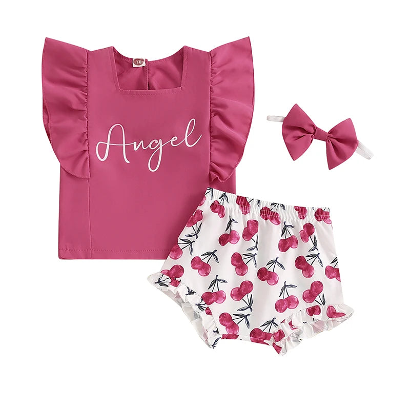 Baby Toddler Girls 3Pcs Angel Summer Outfit Letter Print Ruffles Sleeveless Tank Top with Lemon/Cherry Print Shorts Bloomers and Bow Headband Set