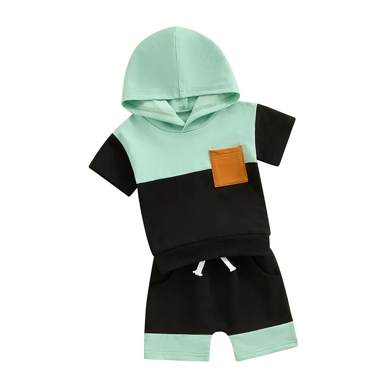 Toddler Baby Boy 2Pcs Color Block Short Sleeve Hooded Top Jogger Shorts Set Summer Outfits