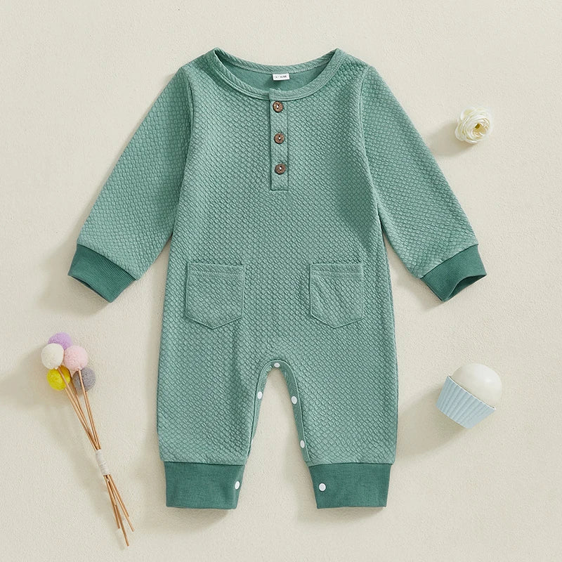 Baby Girls Boys Romper Solid Color Buttons Pockets O-Neck Long Sleeve Spring Jumpsuit