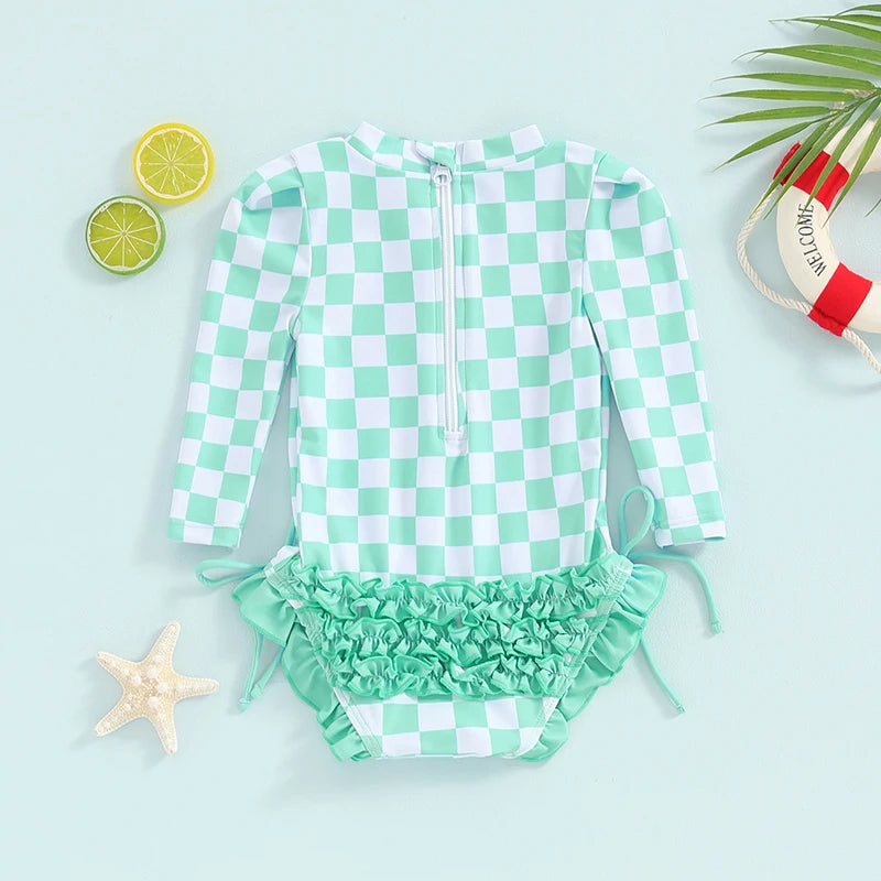 Baby Toddler Girls Beach Swimwear Long Sleeve Checkerboard Plaid Print Ruffle Romper Bathing Suit