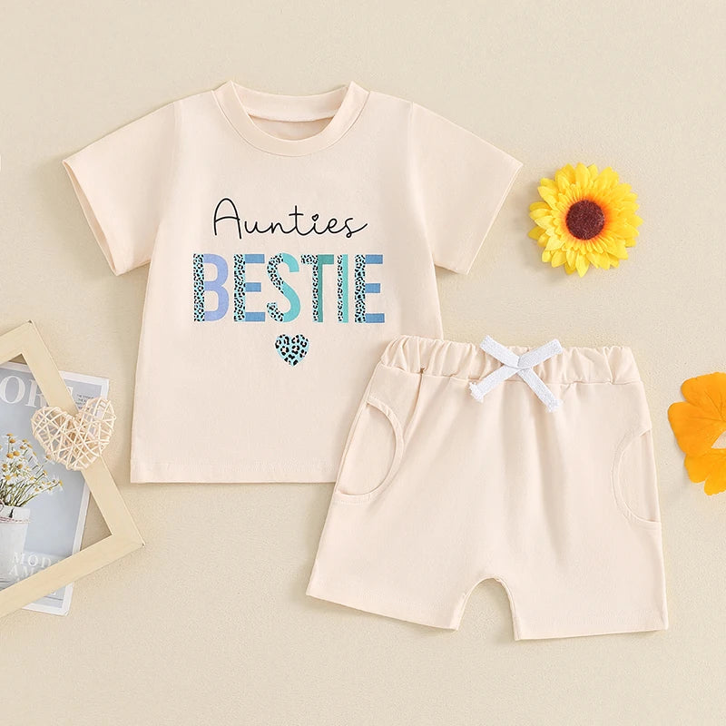 Baby Girls 2Pcs Auntie's Bestie Summer Outfit Leopard Letter Heart Print Short Sleeve Top and Elastic Shorts Set Summer Clothes