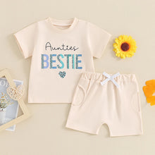 Load image into Gallery viewer, Baby Girls 2Pcs Auntie&#39;s Bestie Summer Outfit Leopard Letter Heart Print Short Sleeve Top and Elastic Shorts Set Summer Clothes
