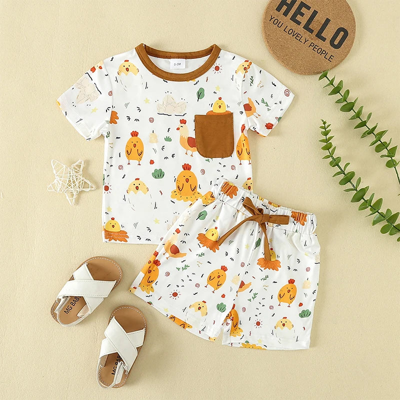 Baby Toddler Boy Girl 2Pcs Spring Summer Clothes Cute Farm Animals Chicken Chick Tractor Print Outfit Set Short Sleeve Cartoon Top and Shorts