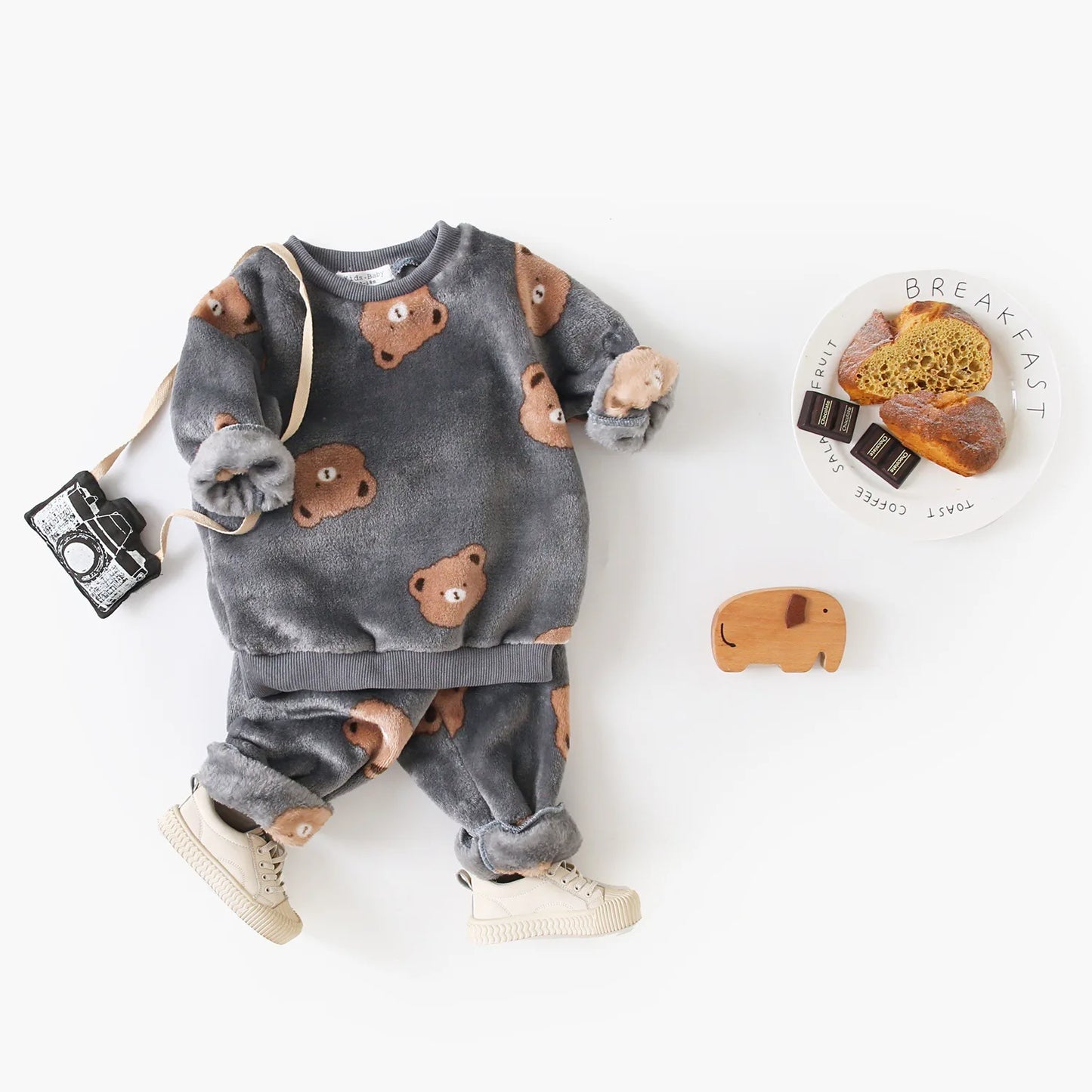 Baby Toddler Boy Girl 2Pcs Winter Clothes Set Thick Warm Pullover Top Pant Suit Bear Print Fleece Two Piece Jogger Set Outfit