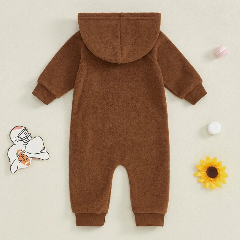 Baby Boys Football Pattern Zipper Romper Fleece Long Sleeve Full Length Zip Up Hooded Jumpsuit Fall