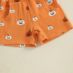 Baby Boys Halloween Outfits Pumpkin Print Button Short Sleeves T-Shirt and Elastic Shorts Set Clothes Set