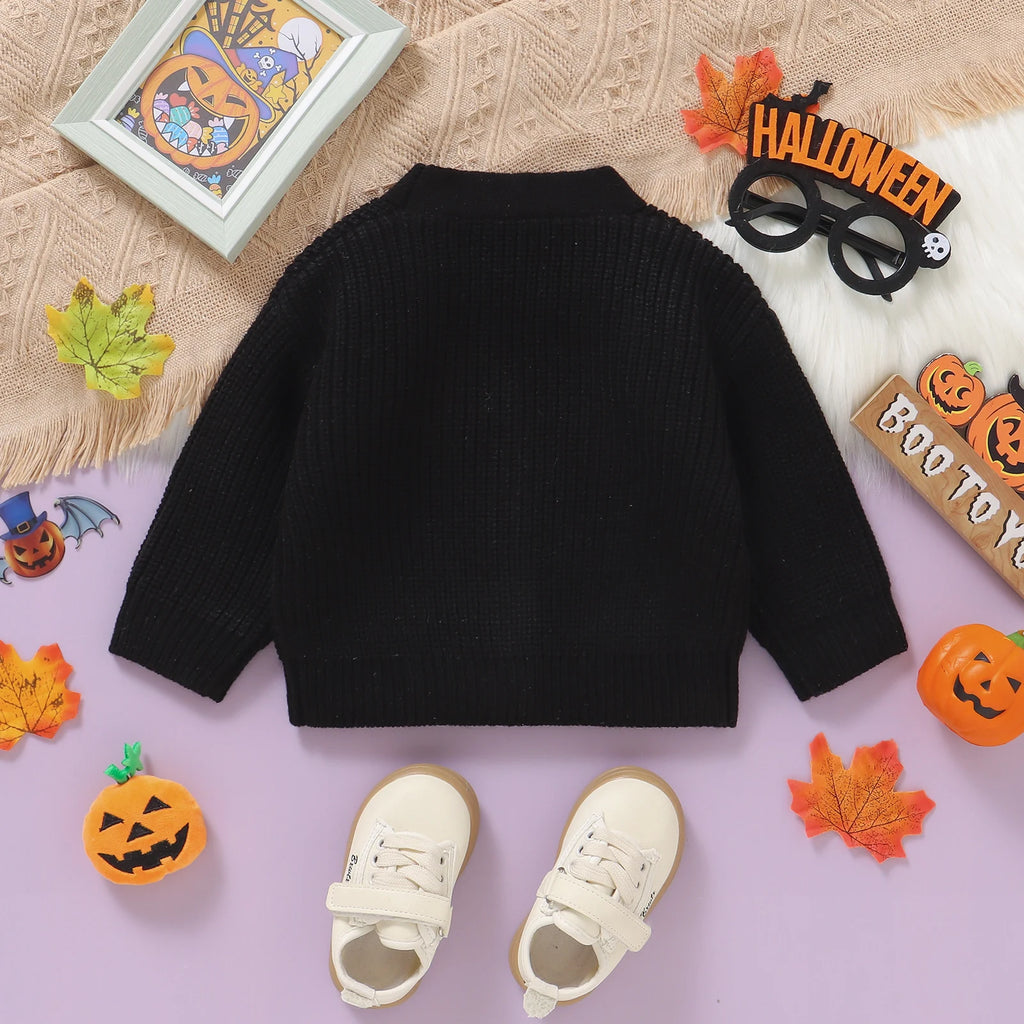 Baby Toddler Boys Girls Knit Cardigan Cute Halloween Pumpkin Embroidery Fall V Neck Long Sleeve Button Up Sweater Top