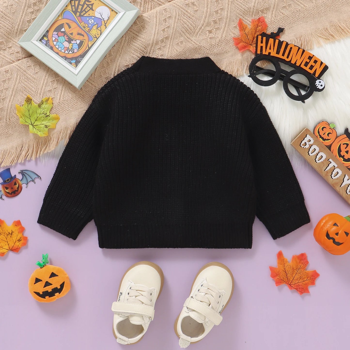 Baby Toddler Boys Girls Knit Cardigan Cute Halloween Pumpkin Embroidery Fall V Neck Long Sleeve Button Up Sweater Top
