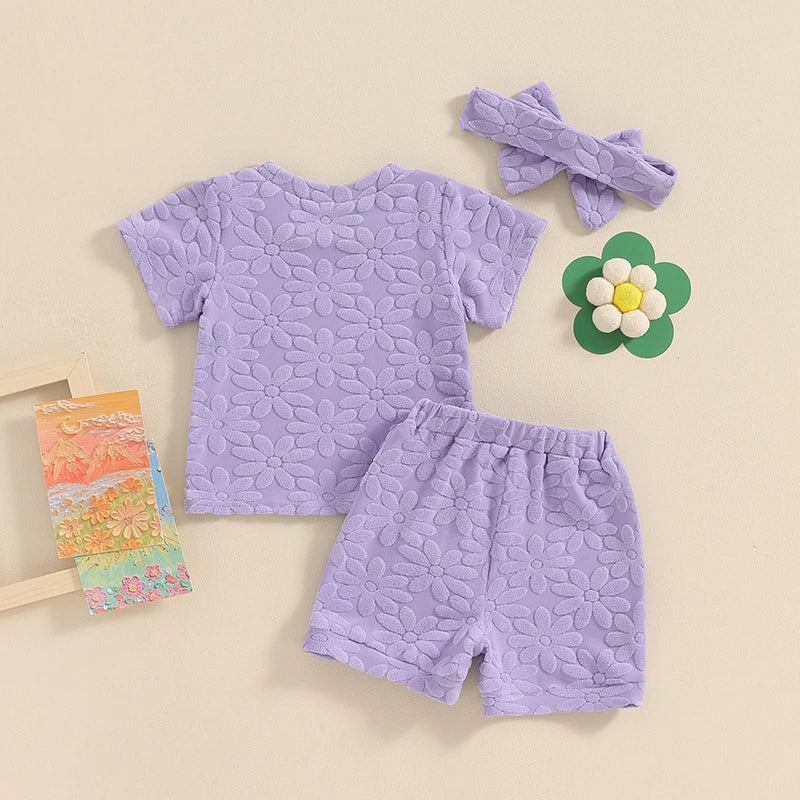 Baby Toddler Girls 3Pcs Flower Pattern Fabric Short Sleeve Top with Elastic Waist Shorts with Hairband Outfit Set