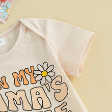 Load image into Gallery viewer, Baby Girls 3Pcs In My Mama&#39;s Bestie Era Letter Flower Print Short Sleeve Bodysuit + Flare Pants + Headband Outfit Set
