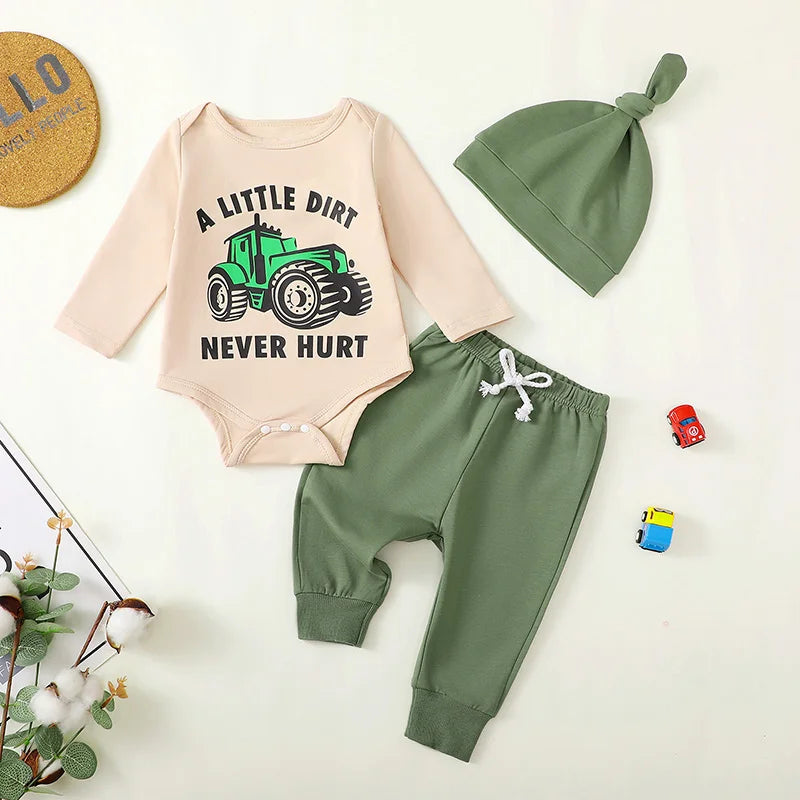 Baby Boys 3Pcs Fall Outfit A Little Dirt Never Hurt Tractor Print Long Sleeve Romper and Elastic Pants Beanie Hat Set